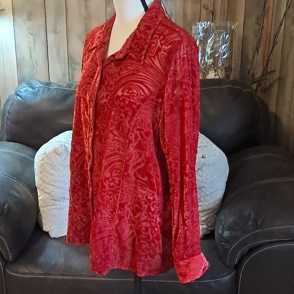 Women Red Floral Burn-Out Velvet Button Down Blouse Size L Boho Y2K - Picture 3 of 9